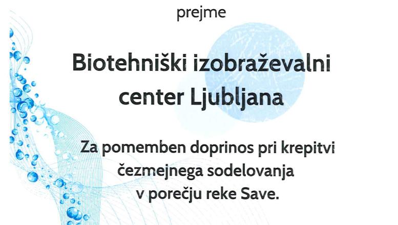 Priznanje za pomemben doprinos pri krepitvi čezmejnega sodelovanja v porečju reke Save BIC Ljubljana 2024